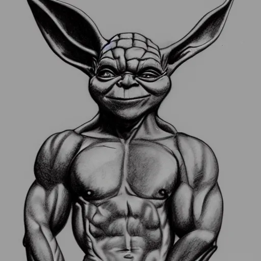 Image similar to full body black and white pencil sketch of a muscular Yoda