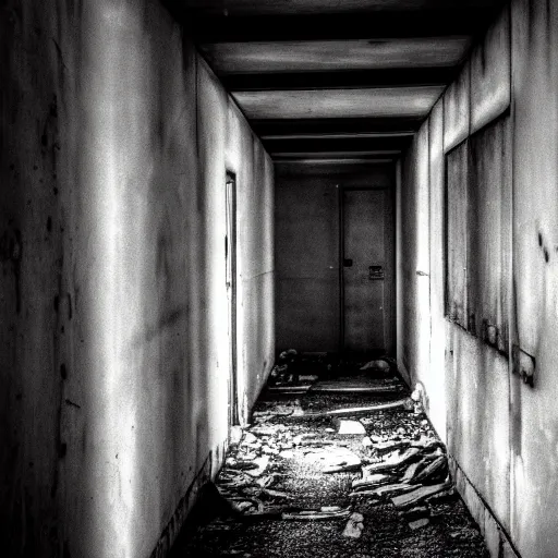 Image similar to a dark and musty hallway in an abandoned building