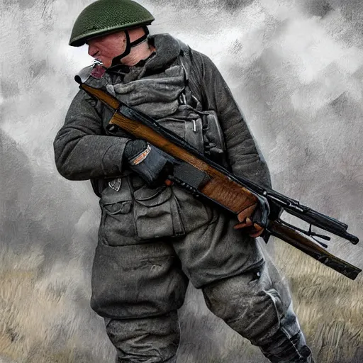 Image similar to putin with firearms, fighting in trenches somewhere in ukraine, highly detailed digital painting