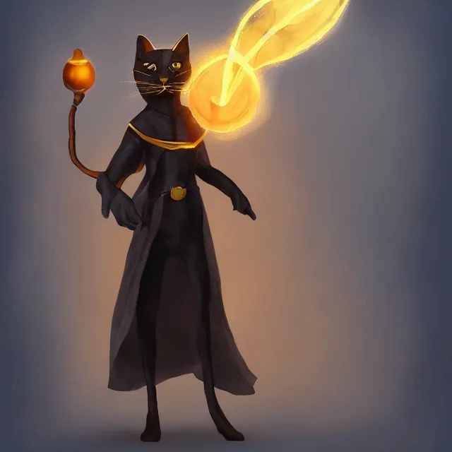 Image similar to black cat tabaxi sorcerer wearing robes holding a glowing crystal, character concept art, oil painting, artstation