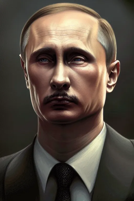 Image similar to vladimir putin as hitler, realistic portrait, symmetrical, highly detailed, digital painting, artstation, concept art, smooth, sharp focus, illustration, cinematic lighting, art by artgerm and greg rutkowski and alphonse mucha