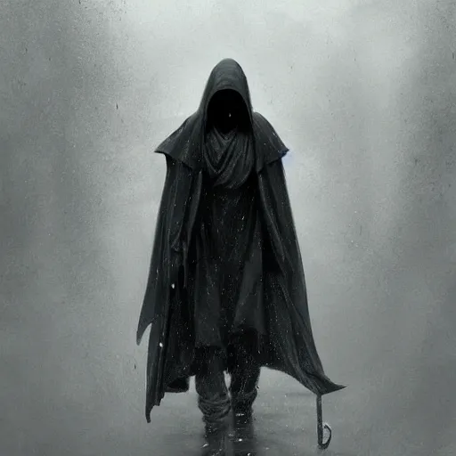 Image similar to epic portrait an depressed hooded man wearing a black jumper and holding an umbrella during rain, depressing, sad, digital painting, artstation, concept art, soft light, hdri, smooth, sharp focus, illustration, fantasy, intricate, elegant, highly detailed, D&D, matte painting, in the style of Greg Rutkowski and Alphonse Mucha and artemisia, 8k, highly detailed, jurgens, rutkowski, bouguereau, pastoral, rustic, georgic, detailed concept art, illustration, colorful pastel, painting, detail, ultra detailed, digital art, 4K,