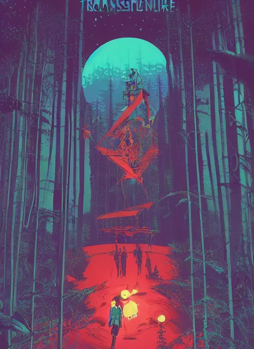 Image similar to an indie game poster of a translucent cyberpunk explorer transcending reality in the middle of a dense forest, midnight, risograph by ghostshrimp, kawase hasui, josan gonzalez, jean giraud, moebius, colourful flat surreal design, in the style of oxenfree, super detailed, a lot of tiny details