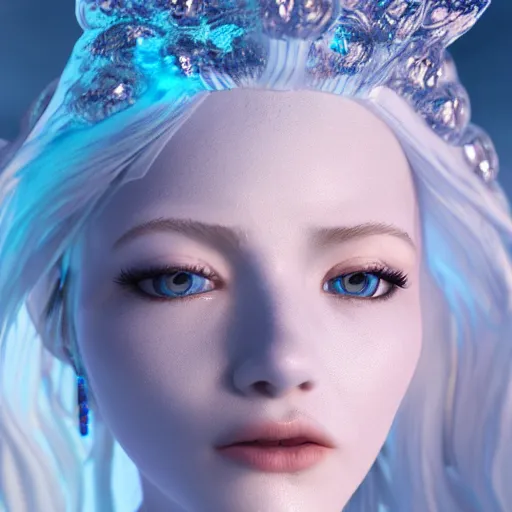 Prompt: ice goddess with beautiful face with a glowing blue crystal on her forehead, frosty white eyes, winter mist around her, white plated armor, pale skin, white smoke + photorealism, octane render, frostbite, 8 k, cinematic, 3 5 mm, aspect ratio