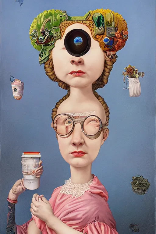 Image similar to a woman wearing a n oculus through her head to catch a trash Mark Ryden and Alex Gross, Todd Schorr highly detailed