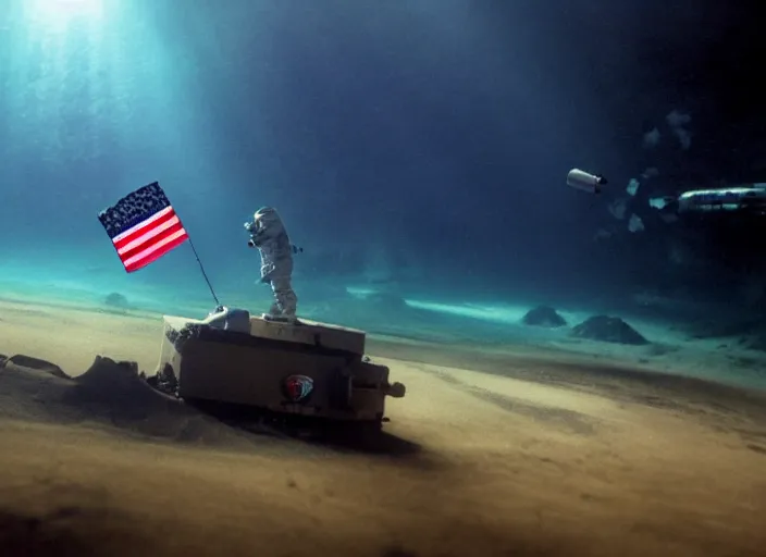 Image similar to astronaut underwater putting a flag in the sand of the bottom of the ocean. there is a submarine behind the astronaut in the distance. dark, concept art, cinematic, dramatic, atmospheric, 8 k, trending on artstation, low visibility, zack snyder