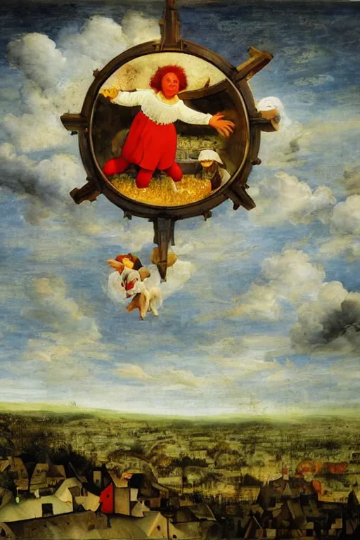 Prompt: ronald mcdonald as an angel ascending into the heavens with wings made of french fries, directly above a mcdonalds restaurant, halo, sunbeams, clouds, oil on panel, by pieter brueghel