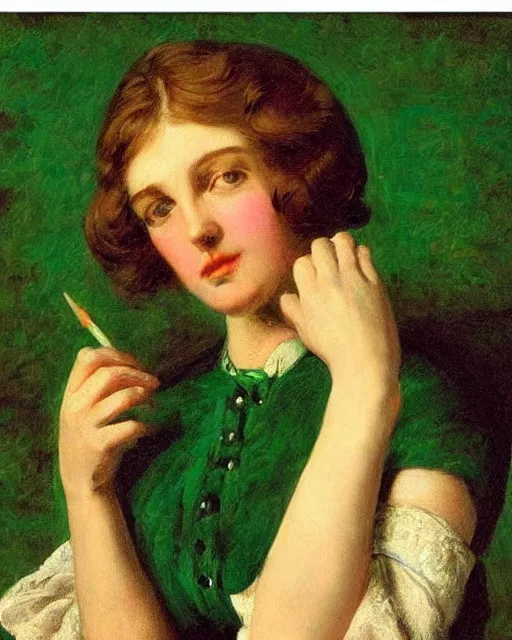 Image similar to by 1 9 th century famous painter, hands, nail polish, realism, realistic, oil painting, green wallpaper background