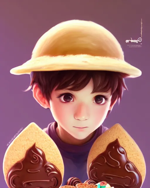 Prompt: a boy as personification of chocolate cupcake, cute fantasy hats, unreal engine, highly detailed, art by artgerm, tooth wu, studio ghibli, sharp focus, artstation, fractal biscuits, a fantasy bakery by studio ghibli, makoto shinkai, global illumination, sweets, dog