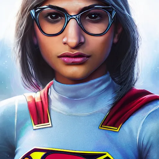 Image similar to a close up face of young Mia Khalifa as Supergirl by Greg Rutkowski, Sung Choi, Mitchell Mohrhauser, Maciej Kuciara, Johnson Ting, Maxim Verehin, Peter Konig, Zack Snyder, 8k photorealistic, cinematic lighting, HD, high details, dramatic, trending on artstation,