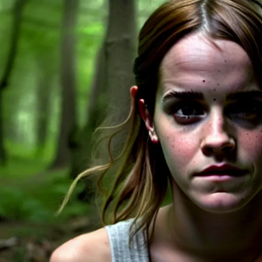 Image similar to emma watson, found footage, in woods, front light, blair witch