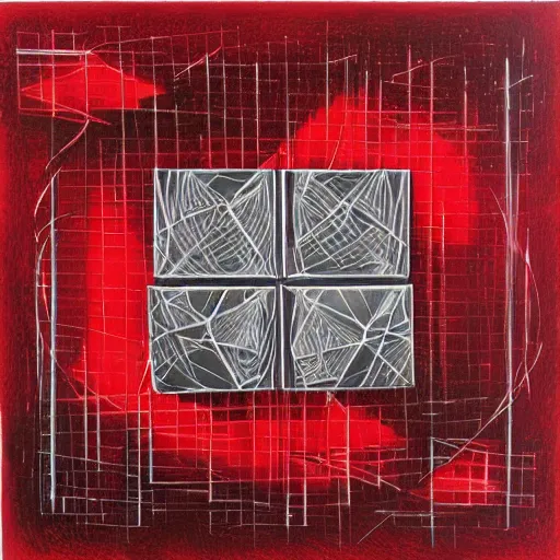 Prompt: chrome spheres on a red cube, scratchboard