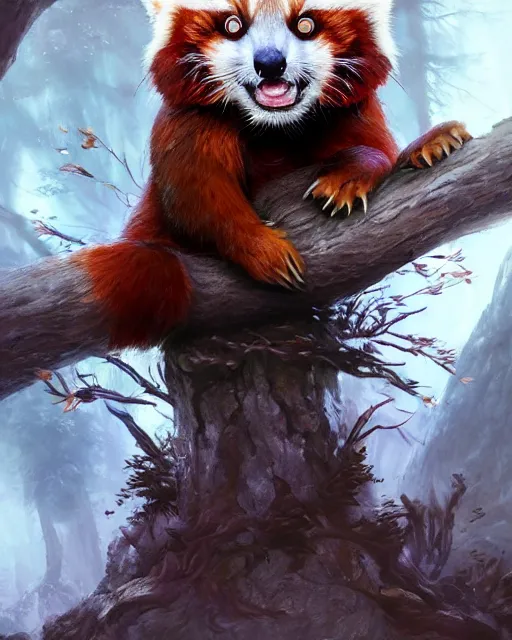 Image similar to Red Panda Shapeshifter Druid Mage, D&D, artstation, fantasy, magic the gathering artwork, cinematic lighting, centered, symmetrical, highly detailed, digital painting, , concept art, smooth, sharp focus, illustration, volumetric lighting, epic Composition, 8k, art by Akihiko Yoshida and Greg Rutkowski and Craig Mullins, oil painting, cgsociety