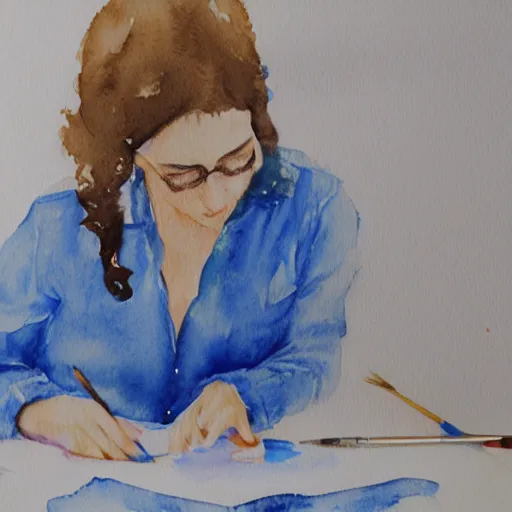 Prompt: expressive watercolor painting of a woman creating art. She is wearing a blue blouse