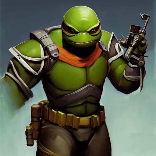 Image similar to greg manchess portrait painting of armored teenage mutant ninja turtle as overwatch character, medium shot, asymmetrical, profile picture, organic painting, sunny day, matte painting, bold shapes, hard edges, street art, trending on artstation, by huang guangjian and gil elvgren and sachin teng