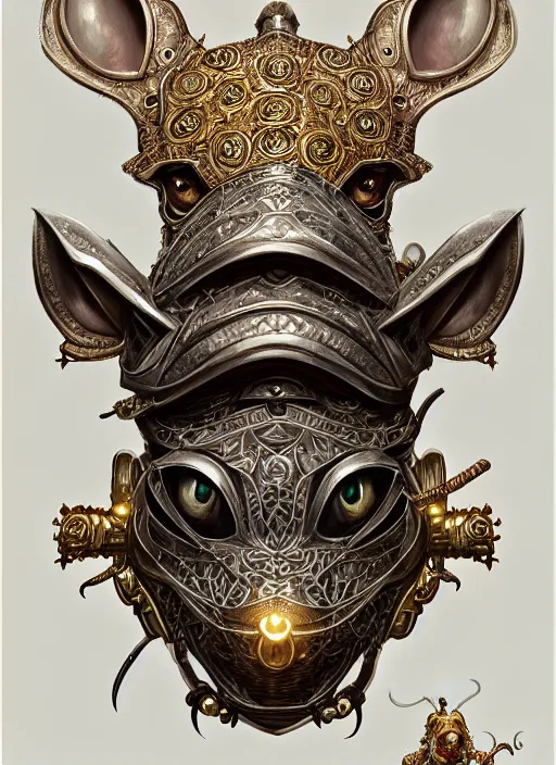 Image similar to symmetry!! portrait of a pet rat wearing detailed ornate armor, intricate, elegant, highly detailed, my rendition, digital painting, behance, concept art, smooth, sharp focus, illustration, art by artgerm and greg rutkowski and alphonse mucha and huang guangjian and gil elvgren and sachin teng