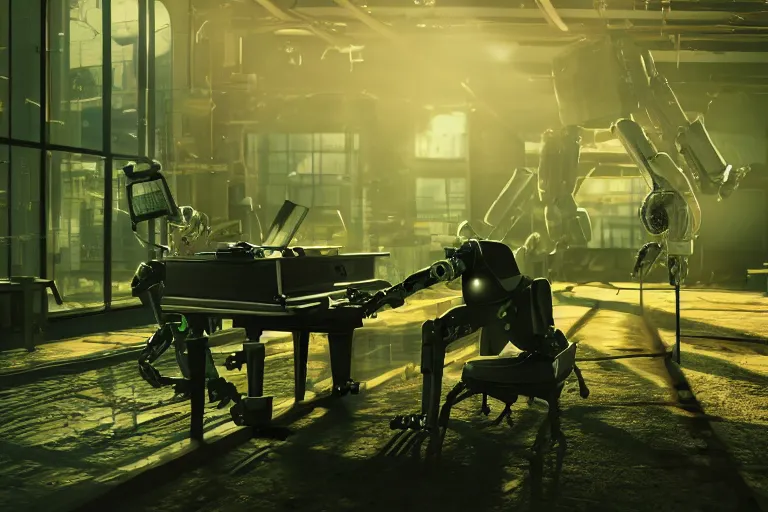 Image similar to a factory robot is playing the piano, post apocalypse green everywhere, 4k, ultra details, cinematic, epic style, beautiful photo, hyper realistic, octane render, unreal engine, award winning, on artstation, volumetric lightning, masterpiece, golden hour,