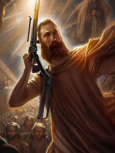 Image similar to jesus christ firing ak - 4 7. intricate, elegant, highly detailed, digital painting, artstation, concept art, sharp focus, illustration, by justin gerard and artgerm, 8 k