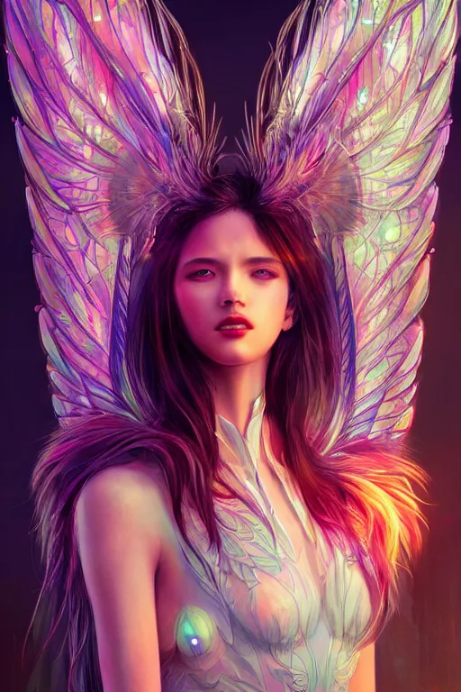 Image similar to portrait futuristic goddess angel Girl with wings and feathers, in future cyberpunk tokyo rooftop , ssci-fi, fantasy, intricate, very very beautiful, elegant, human anatomy, human structure, neon light, highly detailed, digital painting, artstation, concept art, smooth, sharp focus, illustration, art by tian zi and WLOP and alphonse mucha