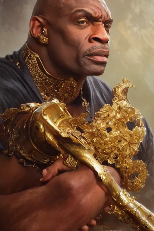 Image similar to ronnie coleman as a king, detailed, 8 k, trending on artstation, smooth, sharp focus artwork by mark arian, artgerm, mark keathley, greg rutkowski and alphonse mucha