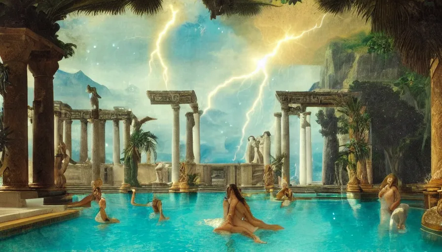 Image similar to A pool inside the giant Palace, mediterranean balustrade and columns, refracted lines and sparkles, thunderstorm, greek pool, beach and Tropical vegetation on the background major arcana sky and occult symbols, by paul delaroche, hyperrealistic 4k uhd, award-winning, very detailed paradise