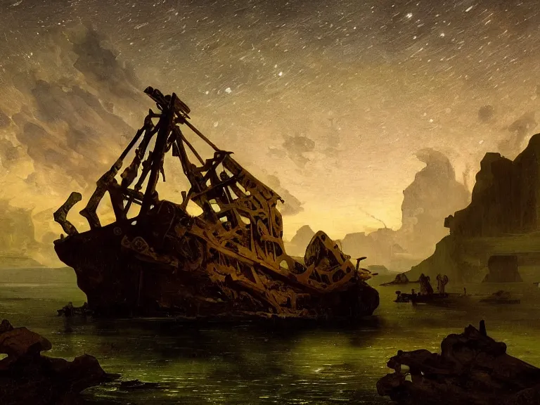 Prompt: an oil painting of an ancient shipwreck in the middle of an alien desert at dusk, aurora and stars light up the sky by carl spitzweg and tuomas korpi. baroque elements, full-length view. baroque element. intricate artwork by caravaggio. Trending on artstation. 8k