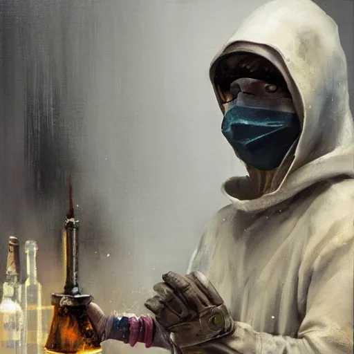 Prompt: medieval fantasy alchemist wearing a hood working in laboratory, oil painting, by Greg Rutkowski