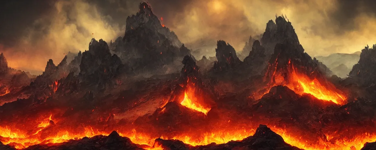 Image similar to Dead landscape, fire and lava, black volcano, rugged black clouds, ash in the sky, army of orcs gathering below, fantasy book illustration 8k movie poster, cinematic composition