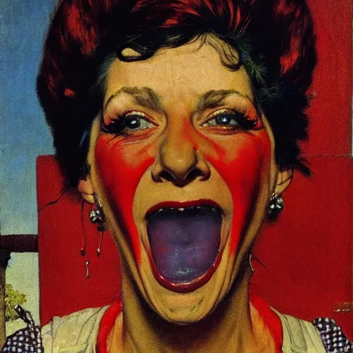 Image similar to Front portrait of a cackling punk woman with a red face. A painting by Norman Rockwell.