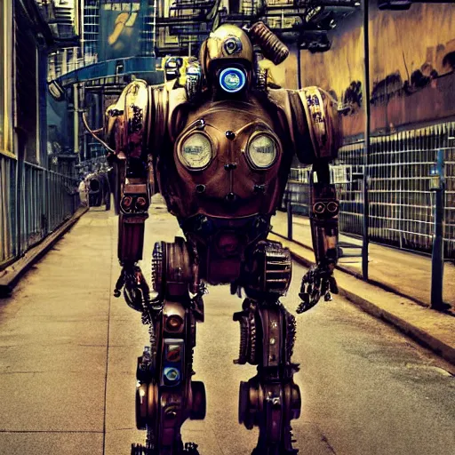 Image similar to real steampunk mech suit with cyberpunk background, photography by annie leibovitz