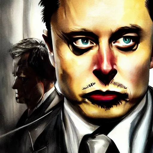 Image similar to Elon Musk as Two Face Harvey Dent in Christopher Nolan's The Dark Knight, cinematic movie poster, elegant, intricate, headshot, highly detailed, digital painting, artstation, concept art, sharp focus, illustration,