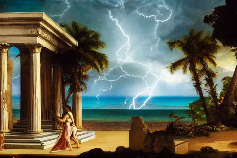 Image similar to Doric temple on front of balustrade and palace columns, refracted lightnings on the ocean, thunderstorm, tarot cards characters, beach and Tropical vegetation on the background major arcana sky and occult symbols, by paul delaroche, hyperrealistic 4k uhd, award-winning, very detailed paradise