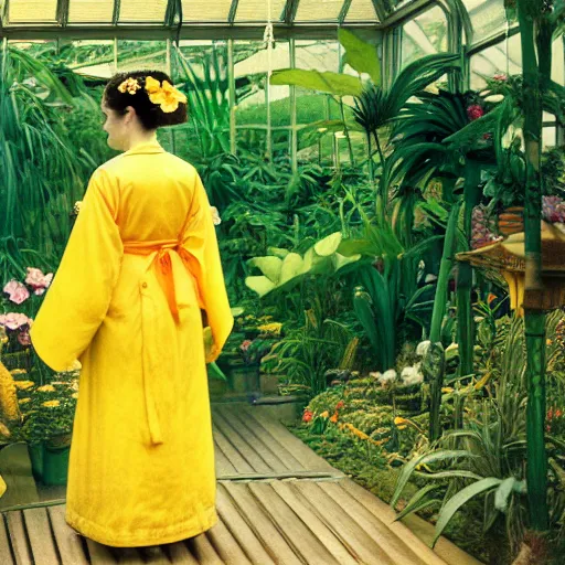 Image similar to Photograph. Film still. of a young woman!!! wearing a yellow kimono in a tropical greenhouse, by Carl Larsson Extremely detailed. 4K. 35 mm lens