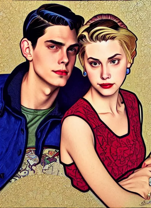 Prompt: oil portrait of jughead jones and betty cooper, intricate, elegant, highly detailed, lighting, painting, artstation, smooth, illustration, art by greg rutowski and alphonse mucha