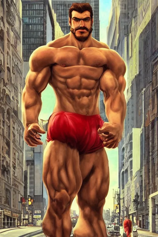 Image similar to gigachad luigi bodybuilder in the city by ilya kuvshinov, ernest khalimov body, super mario bros symmetrical face concept art, hyper realistic, intricate, elegent, highly detailed, digital painting, concept art, smooth, sharp, focus, illustration, art by artgerm and greg rutkowski and alphonse mucha, artstation