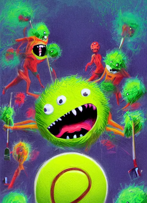 Image similar to tennis ball monsters playing tennis, a tennis ball monster, tennis ball, colorful, digital art, fantasy, magic, trending on artstation, ultra detailed, professional illustration, chalk, poster artwork by basil gogos, clean