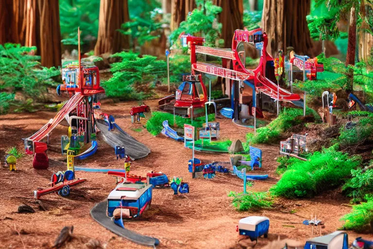 Image similar to fisher price redwood forest, california scene from tv show hyper detailed 5 5 mm 8 5 mm, toy photography, made out of plastic