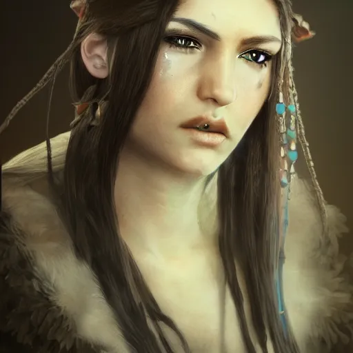 Prompt: a female shaman profile picture, concept art, high resolution and detail, photorealistic, cinematic, amazing, inspiring, attractive, full body shot