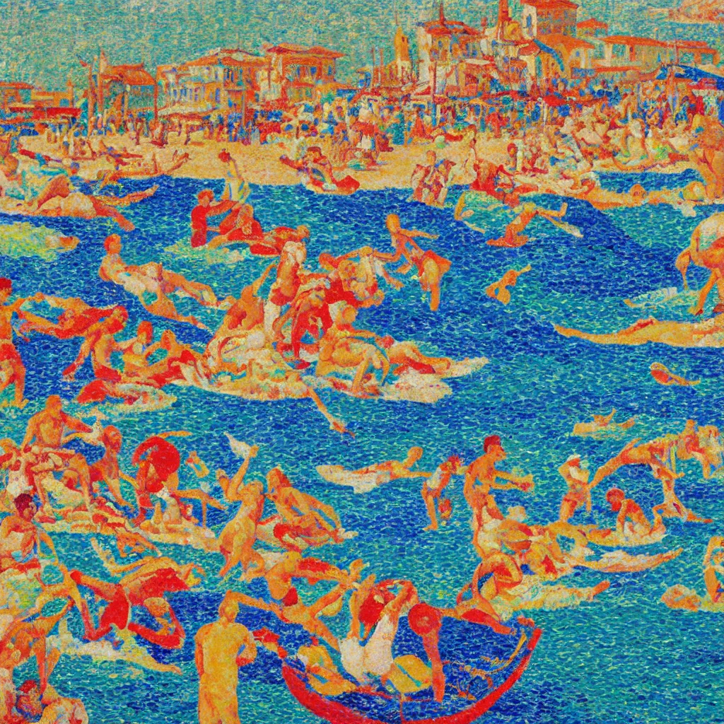Prompt: acrylic paint impasto reliefs, happy italian beach scene, an artwork by charles w. bartlett and jackson pollack and colin campbell cooper and signac