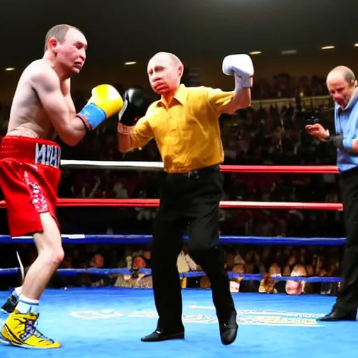 Image similar to a boxing fight between Volodymyr Zelensky and Vladimir Putin. Good light. Blurred background