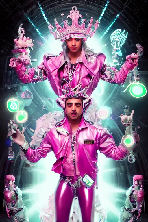 Image similar to full-body rococo and cyberpunk style neon statue of a muscular attractive Jay Sean sim camisa macho dotado e rico android sim roupa reclining con las piernas abertas e la piroca dura, glowing white laser eyes, prince crown of pink gears, diamonds, swirling silver-colored silk fabric. futuristic elements. full-length view. space robots. human skulls. intricate artwork by caravaggio. Trending on artstation, octane render, cinematic lighting from the right, hyper realism, octane render, 8k, depth of field, 3D