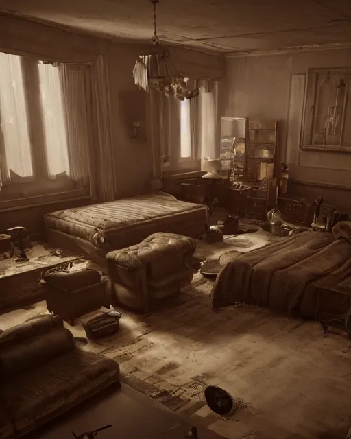 Image similar to artstation scifi scene of a shabby american room in 1 9 2 0 s, lounge furniture, large terrarium, beds, paneled walls, unreal engine 5, hyper realism, realistic shading, cinematic composition, blender render, octane render, hdr, detailed textures, photorealistic, wide shot