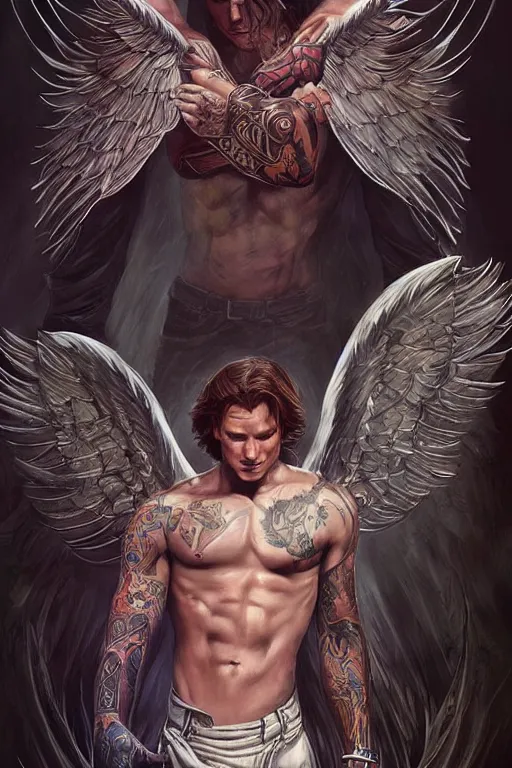 Image similar to handsome Sam Winchester as a muscular angel wings wide open whole body tattooed with runes and religious symbols, urban fantasy romance book cover, D&D!, fantasy style, sharp focus!, ultra detailed, art by Artgerm and Peter Andrew Jones, WLUP