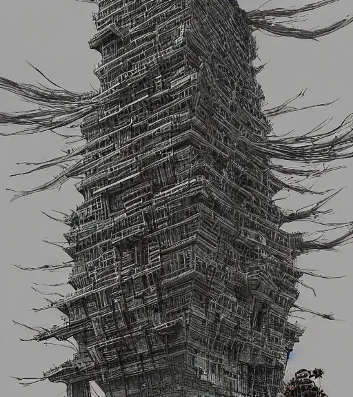 Prompt: tower of lies, colored manga, by tsutomu nihei, tarkovsky, majestic ancient tower of babylon of terror, a woman in cyber clothing, hyperrealistic, blame manga, full color, cyber architecture, intricate, illustration, concept art, hyper - detailed, smooth, masterpiece, epic, cinematic, high quality