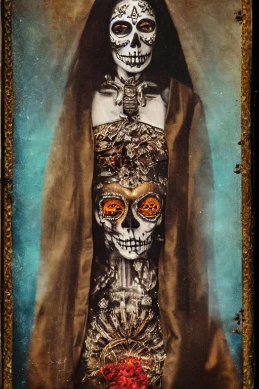 Image similar to tintype full body view, virgin mary in dia de muertos dress and make up, horrific beautiful vibe, evocative, atmospheric lighting, painted, intricate, highly detailed,