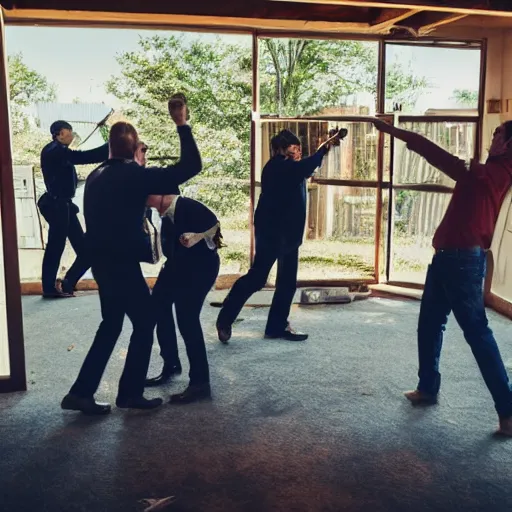 Prompt: people fighting at real estate auction, cinematic mid shots, high saturation color