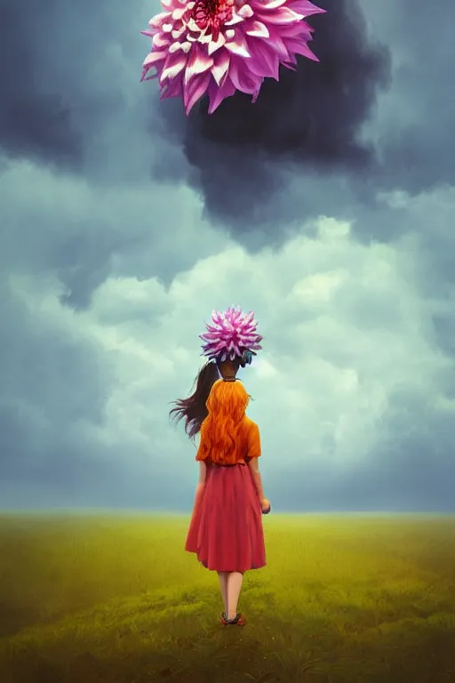 Image similar to perspective giant dahlia flower as head, girl standing on mountain, surreal photography, blue storm clouds, dramatic light, impressionist painting, digital painting, artstation, simon stalenhag