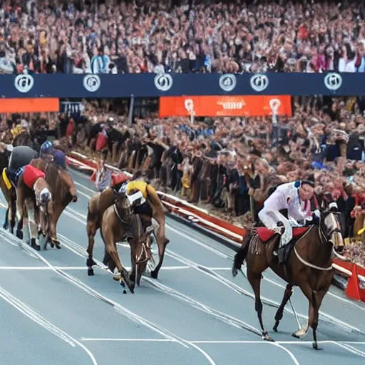 Image similar to photo finish as prince charles wins the 1 0 0 metres sprint in new world record