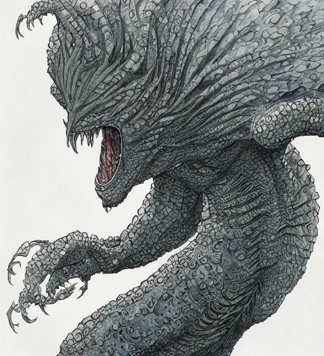 Image similar to a watercolor ink painting of a monstrous kaiju goddess in the style of jean giraud in the style of moebius trending on artstation deviantart pinterest detailed realistic hd 8 k high resolution