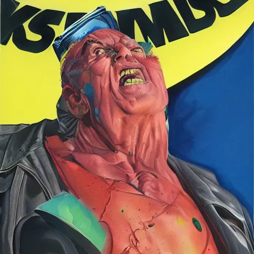 Image similar to detailed hyperrealistic mr trash man comic book cover by alex ross with gouache and wash paints color